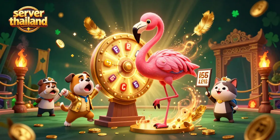 Win big on server thailand with a 3D casino scene of a flamingo host and contestants.