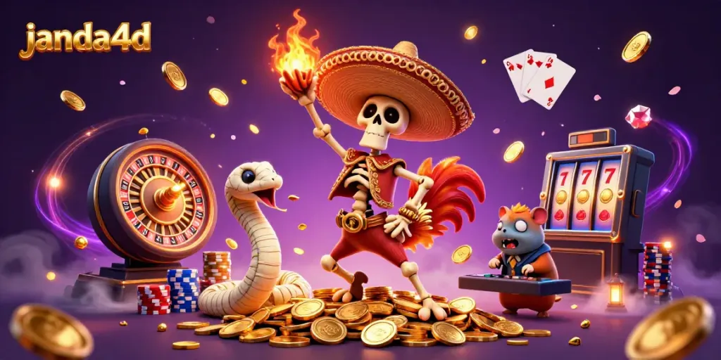 janda4d menampilkan skeleton mariachi, ular mummy, dan hamster zombie DJ di tengah koin emas, menggambarkan kemeriahan permainan kasino.