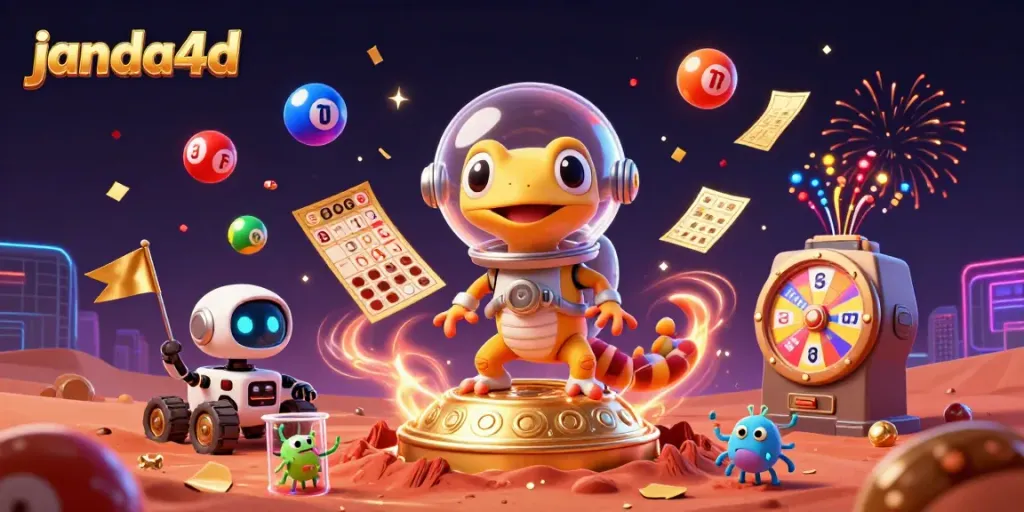 Visualisasi slot online unik janda4d dengan karakter Martian dan elemen kasino interaktif.