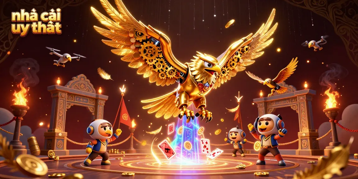 Experience the thrill of nhà cái uy tín with a dynamic 3D scene featuring a cybernetic eagle.