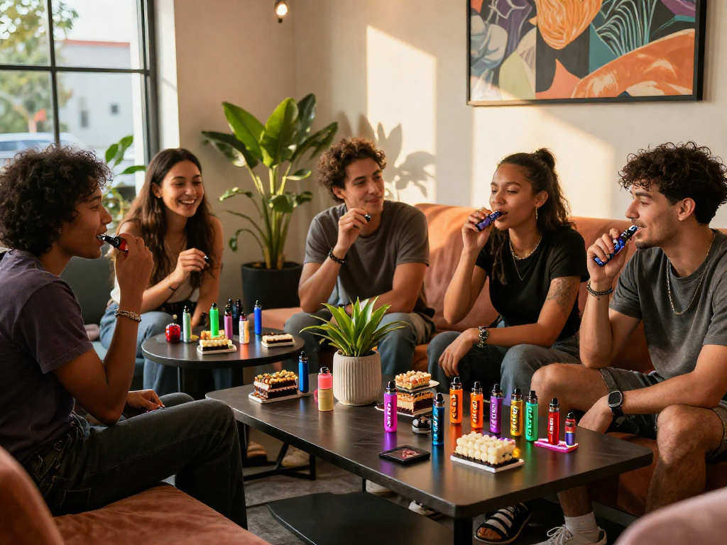 Friends enjoying flavorful Cake carts in a stylish lounge atmosphere, showcasing vibrant vaping culture.