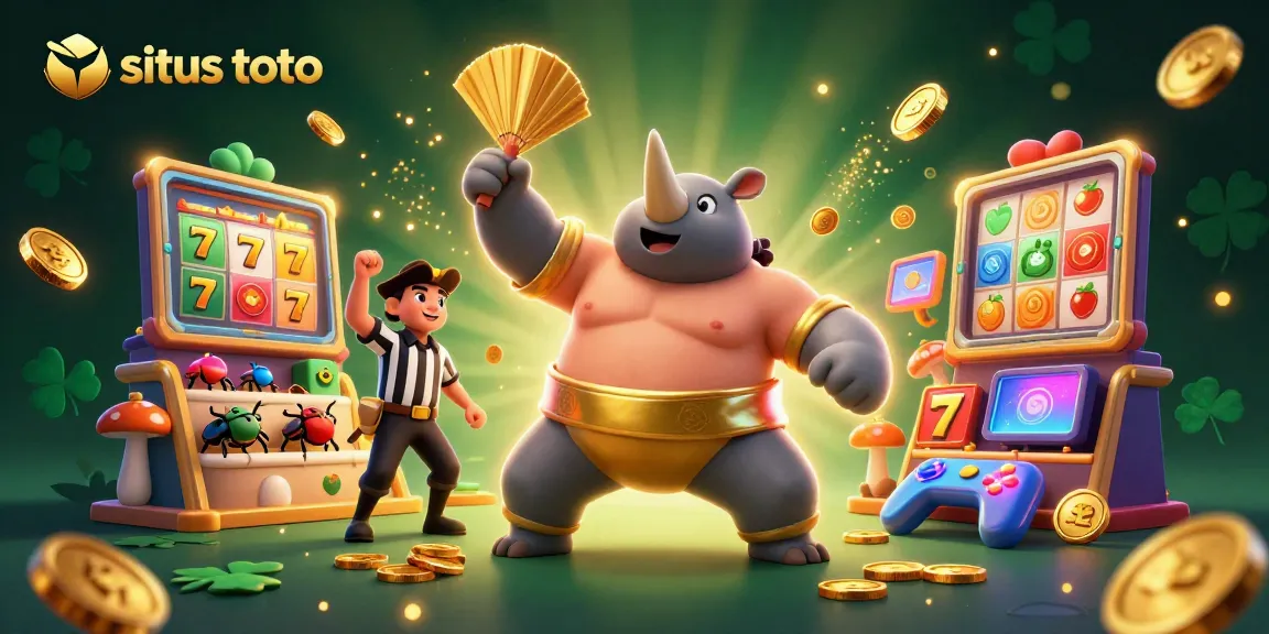 Situs toto gaming action scene with a rhinoceros beetle sumo champion surrounded by slot machines and gold coins flying.