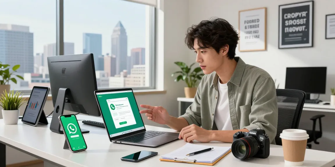 Using WhatsApp電腦版 on a modern workspace with laptop and smartphone, inspiring productivity.