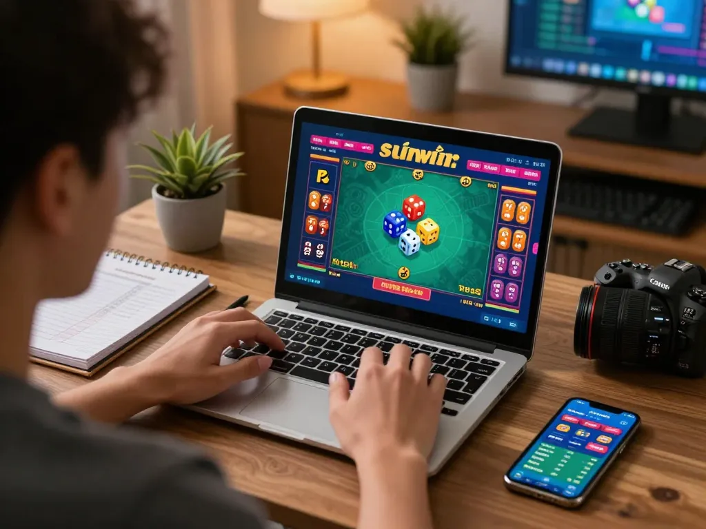 Tài xỉu sunwin game interface on laptop screen with strategic notes in a cozy gaming setup
