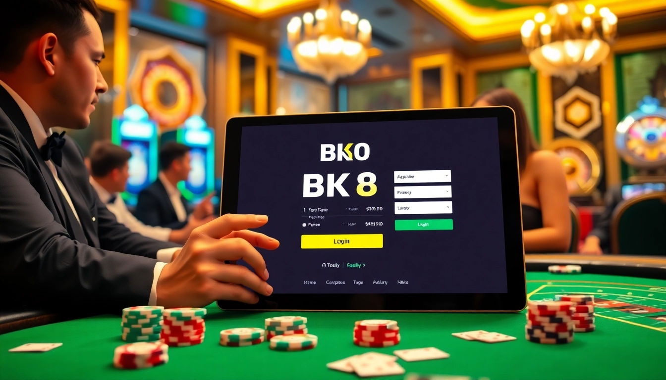 Engaging in bk8 login on a stylish tablet in a luxurious casino setting.