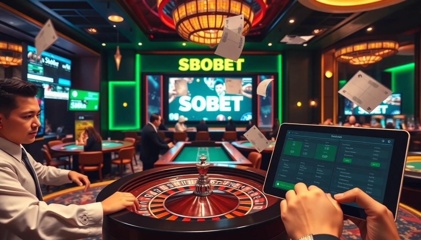 SBOBET sports betting action in a glamorous casino environment showcasing live games.