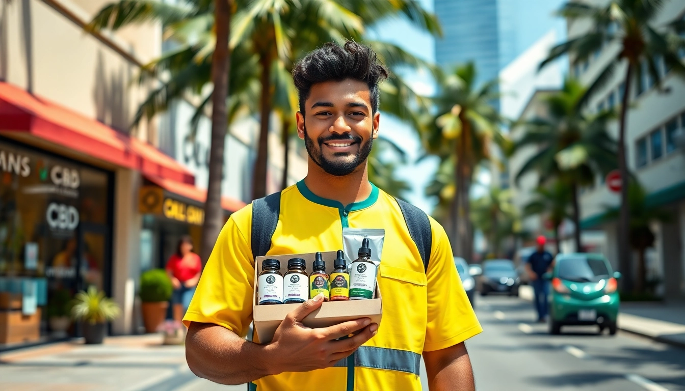 Illustration depicting fort lauderdale weed delivery service showcasing CBD products outdoors.