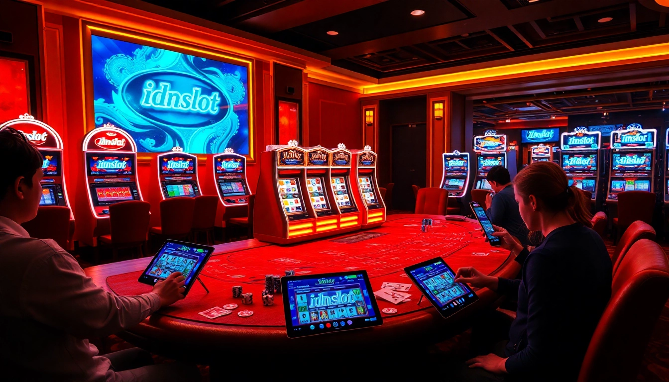 Players engaging with the idnslot interface amidst a vibrant casino atmosphere.