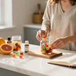 Edibles UK - CBD-infused gummies displayed on a kitchen counter surrounded by fresh fruits, promoting natural wellness.