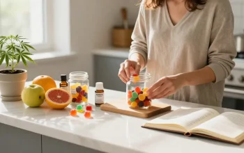 Edibles UK - CBD-infused gummies displayed on a kitchen counter surrounded by fresh fruits, promoting natural wellness.