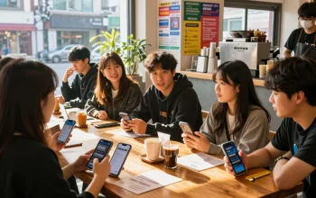 하루이야기 커뮤니티에서 구직 정보를 나누는 젊은이들 모습