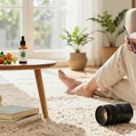 Hemp vape cart and wellness products in a serene living room, emphasizing natural relief and relaxation.