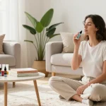 Hemp vape cart in a serene living room wellness scene with CBD products, promoting relaxation and natural health.