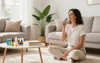 Hemp vape cart in a serene living room wellness scene with CBD products, promoting relaxation and natural health.