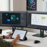 Developer using Snipaste官网 tools in a modern workspace, showcasing screenshot functionalities and creative annotations.