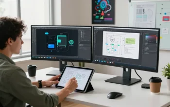 Developer using Snipaste官网 tools in a modern workspace, showcasing screenshot functionalities and creative annotations.