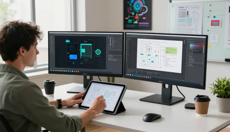 Developer using Snipaste官网 tools in a modern workspace, showcasing screenshot functionalities and creative annotations.