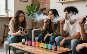 Enjoying THC vape The 10/10 Boys flavors in a stylish lounge.