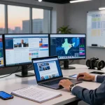 News reporter analyzing trending stories on https://www.theindaily.com in a modern newsroom.