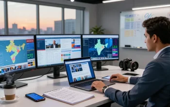 News reporter analyzing trending stories on https://www.theindaily.com in a modern newsroom.