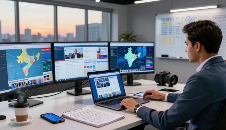 News reporter analyzing trending stories on https://www.theindaily.com in a modern newsroom.