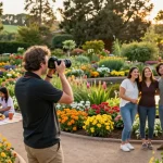 Joyful traveler at Capay Valley Garden Tour capturing scenic beauty amid vibrant flowers.