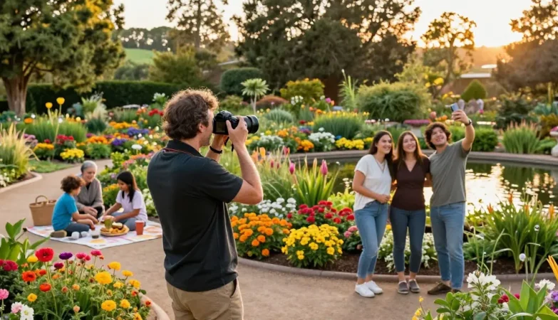Joyful traveler at Capay Valley Garden Tour capturing scenic beauty amid vibrant flowers.