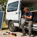 rokok 88 electrical upgrades for campervan in an outdoor setting with builder installing solar panels