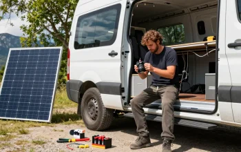 rokok 88 electrical upgrades for campervan in an outdoor setting with builder installing solar panels
