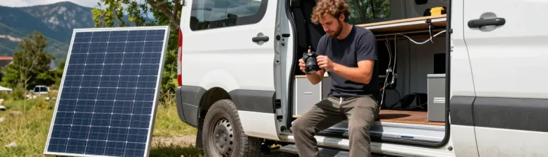rokok 88 electrical upgrades for campervan in an outdoor setting with builder installing solar panels