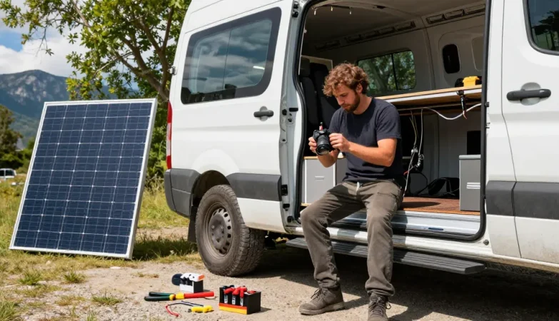 rokok 88 electrical upgrades for campervan in an outdoor setting with builder installing solar panels